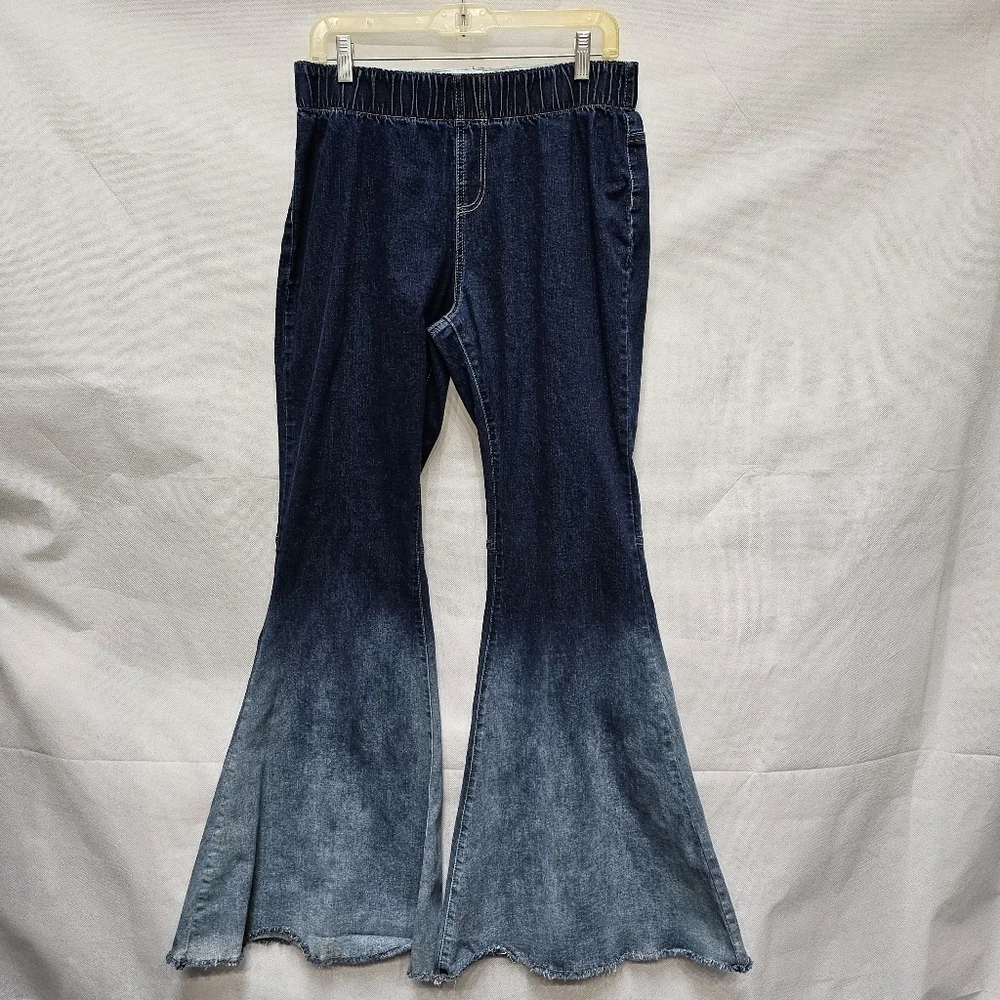 L&B Lucky & Blessed Ombre Wide Bell Bottom Dark & Light Denim Jeans Sz XL